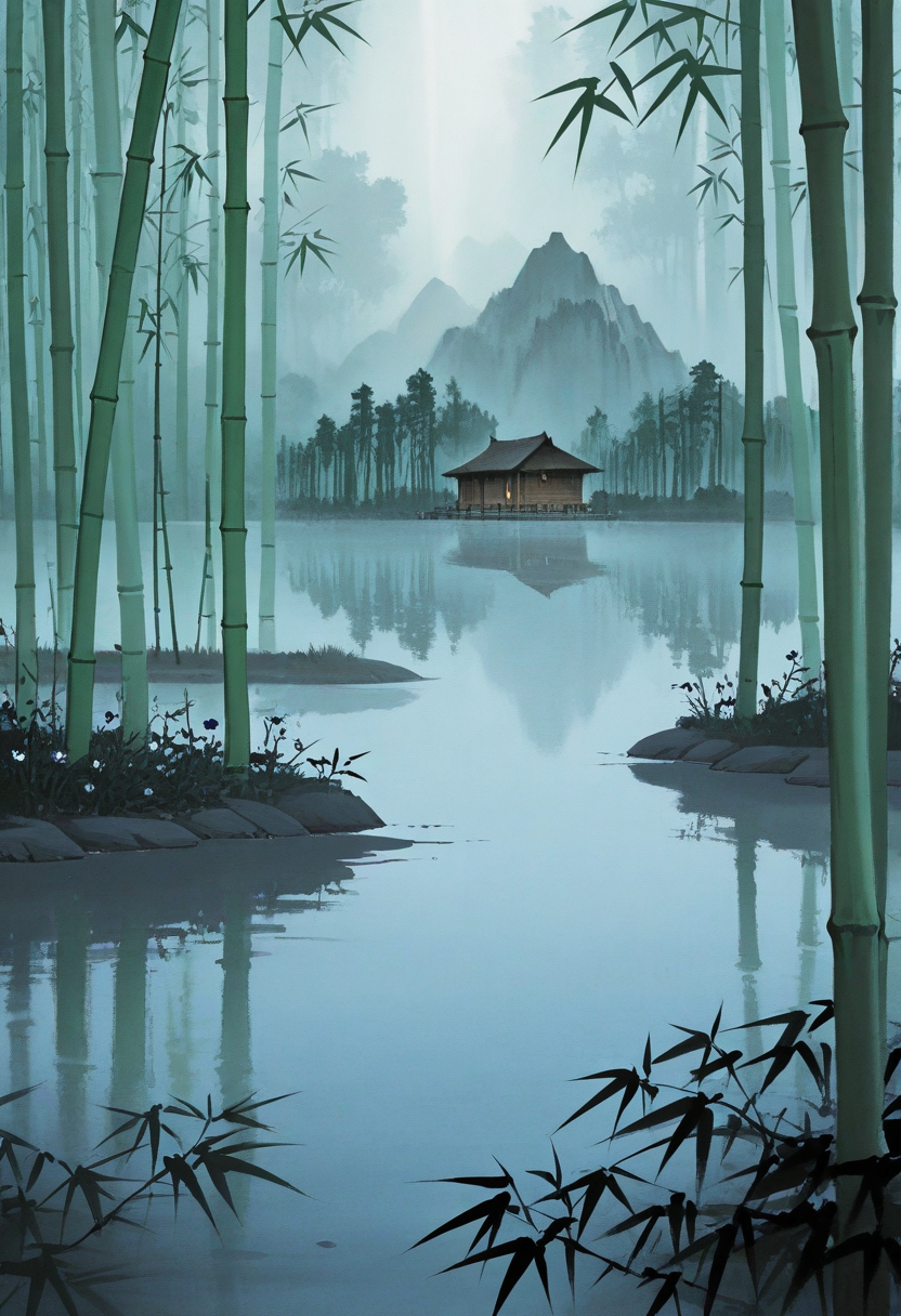 17364386-3623824076-no humans, flower, lake, cabin, sunlight, tree, bamboo forest, smoke, fog, mountainous horizon,_BREAK__lora_Ink_wash_painting_st.png